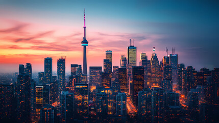 Naklejka premium City skyline at dusk with lights starting to twinkle in high-rise windows, transition from day to night. Twinkle. Illustration