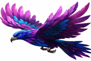 Obraz premium Colorful Fantasy Bird with Vibrant Feathers in Flight, Featuring Shades of Purple and Blue for Artistic Illustrations