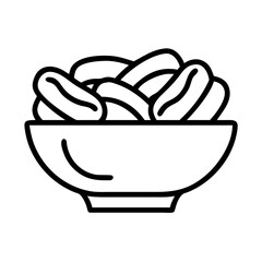 dates in a bowl icon, hajj line art, hajj icon - simple black line art icon of dates in a bowl, symbolizing Hajj celebrations. Hajj vector art.