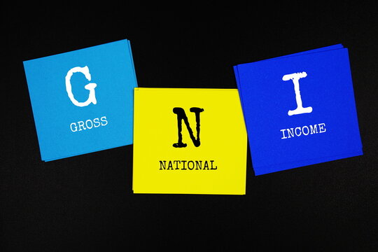 GNI - Gross National Income acronym text on sticky note on black background