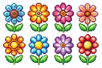 8-Bit Pixel Art Flower Set: Colorful Florets for Game & App Development