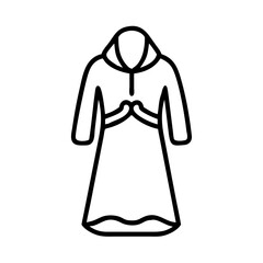 modest prayer dress for women icon, hajj line art, hajj icon - simple black line art icon of modest prayer dress for women, symbolizing Hajj celebrations. Hajj vector art.