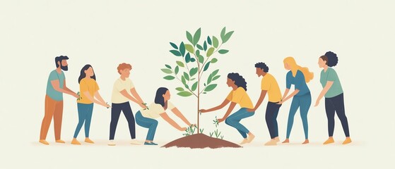 A diverse group of individuals from various ethnicities collaborating to plant a tree