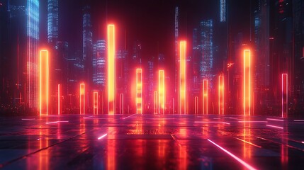 Fototapeta premium A sleek 3D business graph with glowing bars rising sharply, digital investment symbols illuminated in soft neon accents,