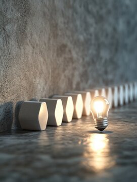 Light bulb in a row of gray domino, stopping the falling dominoes, problem solving and solution, creativity concept. Concrete wall background. 3D Rendering