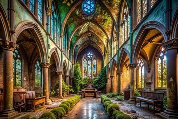 Fototapeta premium Abandoned Catholic Church Urban Exploration Photography: Decaying Beauty, Gothic Architecture, Interior Ruins