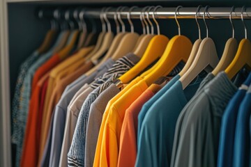 Obraz premium A neatly organized clothing rack displaying various shirts and colors.