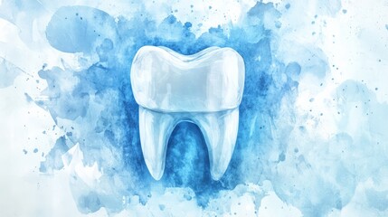 Illustration of white tooth on blue background. Watercolor. Dentist. Dentistry.