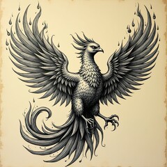 Fototapeta premium Stylized phoenix rising with flames, engraved in vintage style for dramatic wall art.
