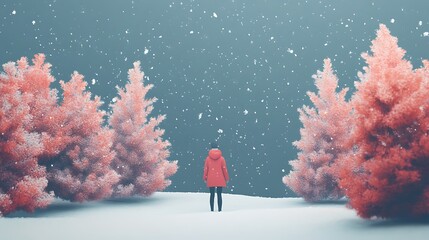 Solitude in a Winter Wonderland A Serene Landscape Featuring a Person Contemplating the Beauty of a Snowy Scene with Golden and Dark Trees,,