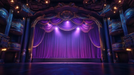 Grand purple stage curtains in a lavish theater. Ideal for theatrical, performance, or event promotion.