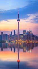 Obraz premium Scenic view of a city skyline reflected in water at sunset.