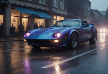 A blue and purple sports car drives on a wet street, reflecting colors