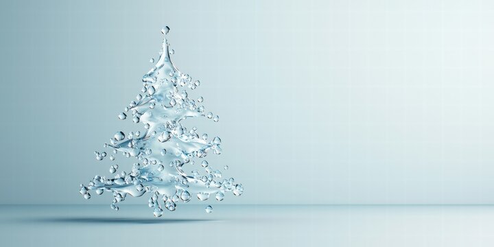 Create a stunning christmas tree with cascading water drops in a serene environment