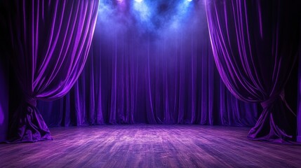 Purple velvet stage curtains drawn back, revealing a dark wooden floor. Ideal for theatrical, performance, or mystical designs.