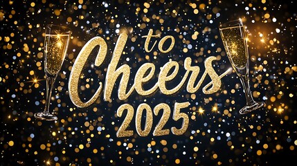 Cheers to 2025 in elegant handwritten script, glowing white text outlined in gold, sparkling champagne gold glitter background, soft lighting for a festive and glamorous vibe. --ar 16:9