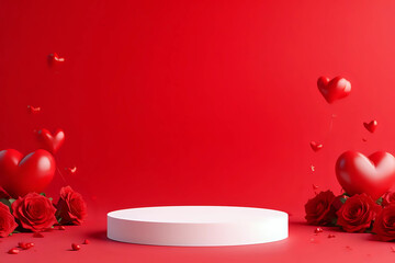 Abstract empty white podium, hearts and rose flowers on red background. Mock up stand for product...