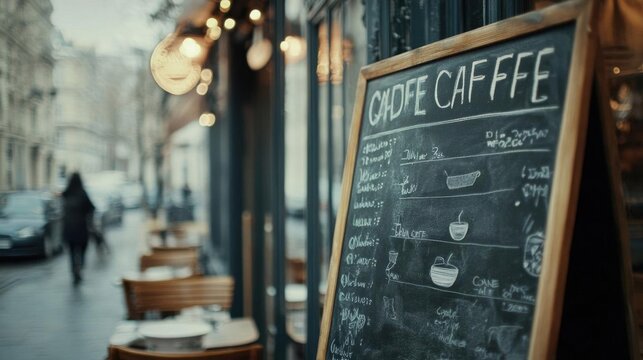 A chalkboard menu outside a caf?, showcasing food and drink options.