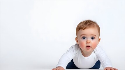 Naklejka premium Adorable Baby Crawling on a White Background with Bright Eyes and Curiosity, Perfect for Family and Childcare Themes, Inspiring Warm Feelings and Joyful Moments