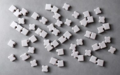 A scattered arrangement of white ceramic tiles on a gray surface.