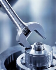 Obraz premium A wrench adjusting a metallic component in a mechanical setting.