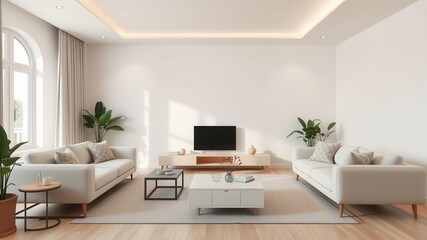 A minimalist living room with sleek furniture and neutral colors, featuring a simple layout with a focus on space and cleanliness, layout, space