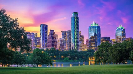 Fototapeta premium A vibrant city skyline at sunset, reflecting on a serene lake.
