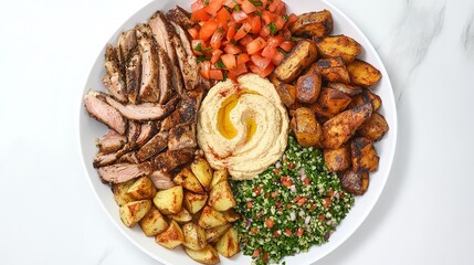 Gourmet Delights on a Platter: Roasted Meat and Chicken Shawarma with Hummus, Tabbouleh, and Air-Grilled Potato Fingers