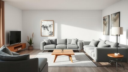 A modern living room with a simple color palette and sleek furniture, featuring a cozy gray sofa, a wooden coffee table, and an abstract wall art piece, cozy, simple