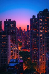 Fototapeta premium A vibrant city skyline at sunset, showcasing illuminated buildings.