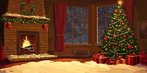 Fototapeta premium Cozy Christmas Eve Fireplace and Christmas Tree Scene Perfect for Holiday Cards, Websites, and Festive Designs