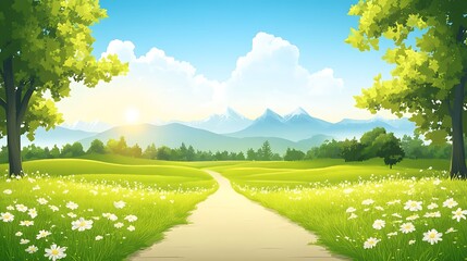 Naklejka premium Picturesque Spring Landscape Serene Meadow Path Leading to Majestic Mountains Ideal for Travel Brochures,Calming Wall Art