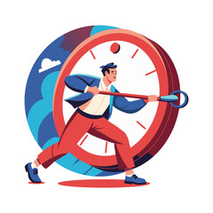 A flat illustration of a man trying to stop time 

