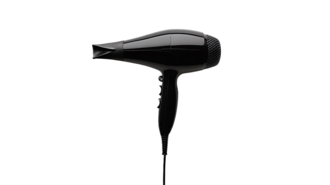 Black hair dryer on a transparent background. isolated background.