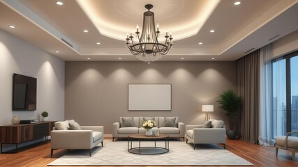 A modern living room with recessed lighting and a statement chandelier, interior design, home decor