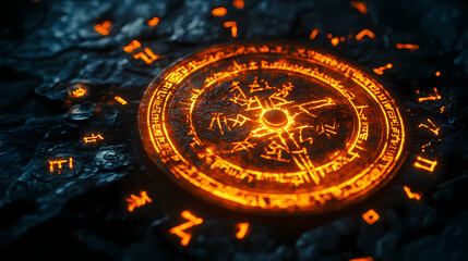 Mysterious glowing orange vegvisir surrounded by runes on a dark background, evoking ancient norse mythology. Runic. Illustration