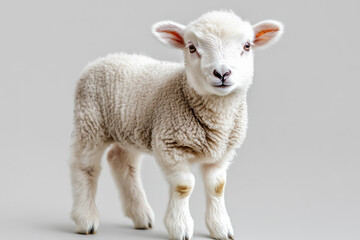 Fototapeta premium Adorable white lamb standing on gray background.