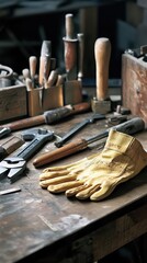 A rustic workbench with tools and a yellow glove for craftsmanship.