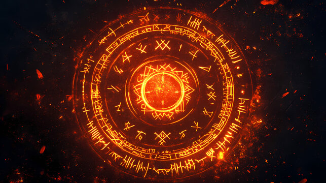 Mysterious glowing orange vegvisir surrounded by runes on a dark background, evoking ancient norse mythology. Runic. Illustration