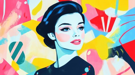 A vibrant portrait of a stylish woman with a cheerful expression, set against a colorful geometric background