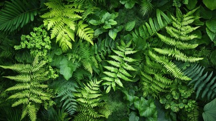 Fototapeta premium A vertical garden filled with a variety of ferns and vines, creating a living wall of greenery