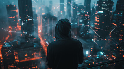 Obraz premium Hacker are planning to hack and attack networks and cyber security , innovative Smart city and graphs with statistics to analyze business potential and predict future developments in company growth.