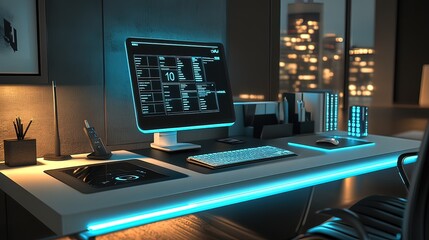 Modern computer setup with glowing desk in a city night view office.