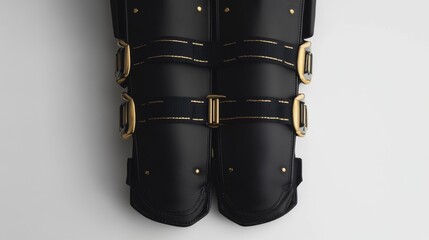 performance cricket leg pads, sleek black exterior design, gold accent straps, elite sports equipment, detailed product showcase, pure white environment, commercial grade lighting, sports equipment
