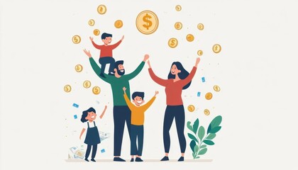 A joyful family celebrating financial success with coins and smiles.