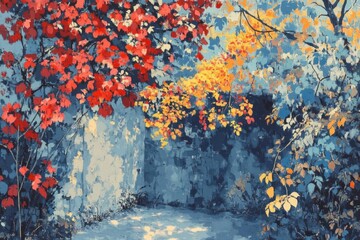 Fototapeta premium A vibrant autumn scene with colorful leaves and a serene pathway.