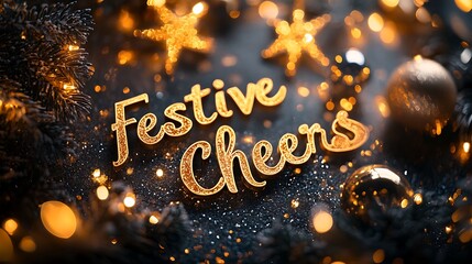 Festive Cheers written in polished gold script, sparkling bokeh with hues of amber and silver adding depth, luminous highlights creating a celebratory holiday glow. --ar 16:9