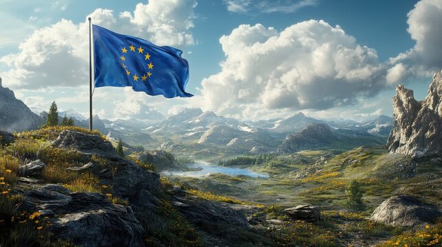 European Union Flag with Renewable Energy Landscape