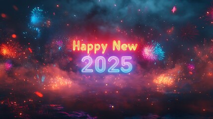 Happy New Year 2025 in glowing neon text with multicolored highlights, vibrant midnight sky with exploding fireworks in red, blue, and gold, festive glow enhancing the scene. --ar 16:9
