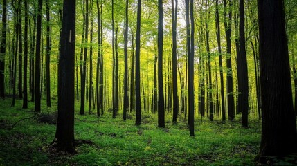 Fototapeta premium A serene forest scene with vibrant green trees and lush undergrowth.